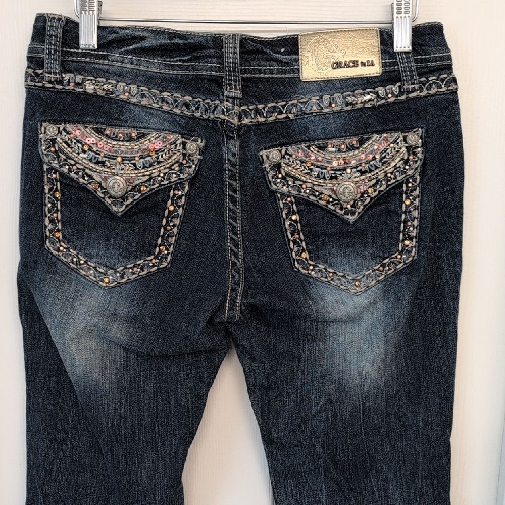 Grace Women's Dark Blue Embellished Boot Cut Jeans